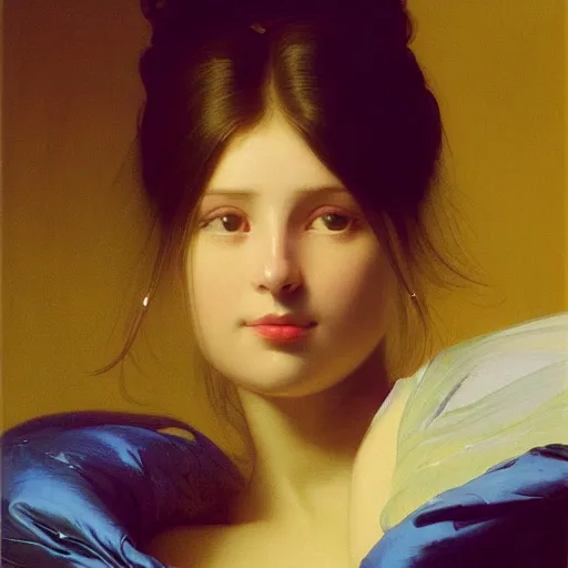 Image similar to a young woman's face in flowing sheets of cobalt blue gold chrome silver satin, by ivan aivazovsky syd mead moebius roger dean donato giancola michael whelan yoshitaka amano jan de heem pieter claesz paul delaroche alma tadema aelbert cuyp willem claesz isaac levitan, hyperrealistic volumetric light render