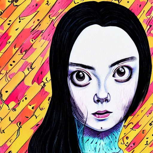 Prompt: professional painting of Elle Fanning in the style of Junji Ito’s Tomie, head and shoulders portrait, symmetrical facial features, smooth, sharp focus, illustration, intricate, stormy weather, extremely detailed masterpiece,