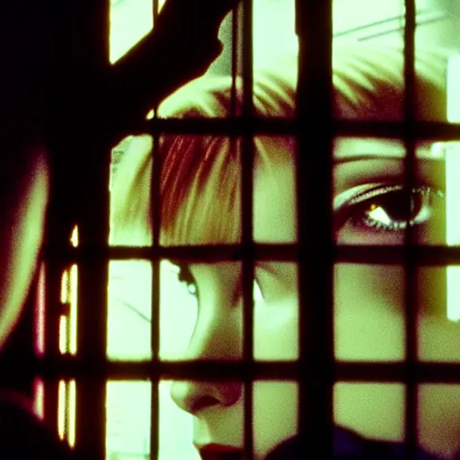 Image similar to worried, runaway beautiful replicant looking through the window in a dirty abandoned factory, short spiky blonde hair, cyberpunk outfit, still from closed circuit tv footage, high angle