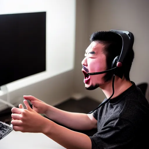 Prompt: Photo of Genghis Khan as a Twitch streamer, wearing a headset, playing video games, close-up, raging, screaming at screen high detail, studio, 85mm Sigma Art Lens