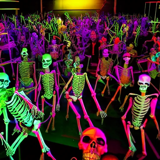Image similar to photo, a giant crowd of realistic anatomically correct claymation skeletons dancing sensually and cool inside a colorful futuristic night club, blue edge lighting