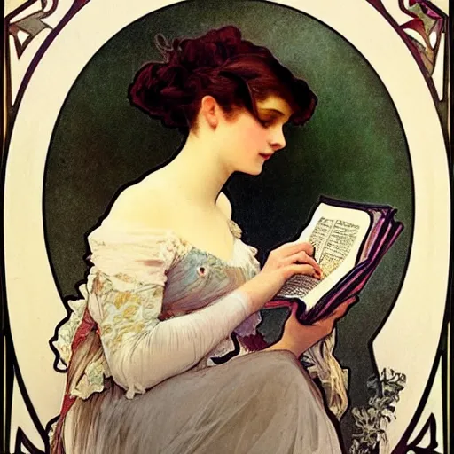 Image similar to young victorian woman in ball gown, reading, painted by alphonse mucha