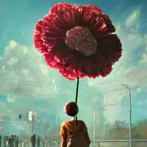 Image similar to giant carnation flower head, woman standing in metro station, surreal photography, dramatic light, impressionist painting, digital painting, artstation, simon stalenhag