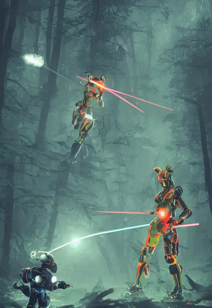 Image similar to , woman with illuminated katana and robot soldier with neon gloves fighting a shadow creature in the forest at night, grand scale , digital effects fantasy ,digital art, illustration, stylized, cel shaded