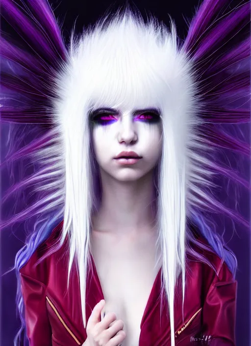 Image similar to hair whitebangs hair, black cyberlox, portrait of normal teenage girl, white bangs, messy bangs, fluffy bangs, cyberlox, whitebangs, red irises, purple background, intricate, elegant, highly detailed, digital painting, artstation, concept art, sharp focus, smooth, illustration, art by wlop, mars ravelo and greg rutkowski