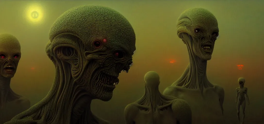 Image similar to hellish translucent alien creatures with realistic human faces and skin on an alien world, artstyle zdzisaw beksinski and greg rutkowski, very intricate details, high resolution, 4 k