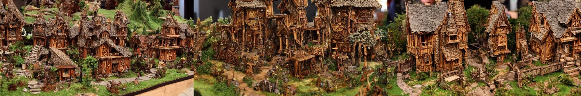 Prompt: Photo of a fantasy village diorama. Building structures in the style of elven and dwarven homes. High age of advancement. Tolkienesque. Byzantine. Intricate decorations. Ornate wood carvings.