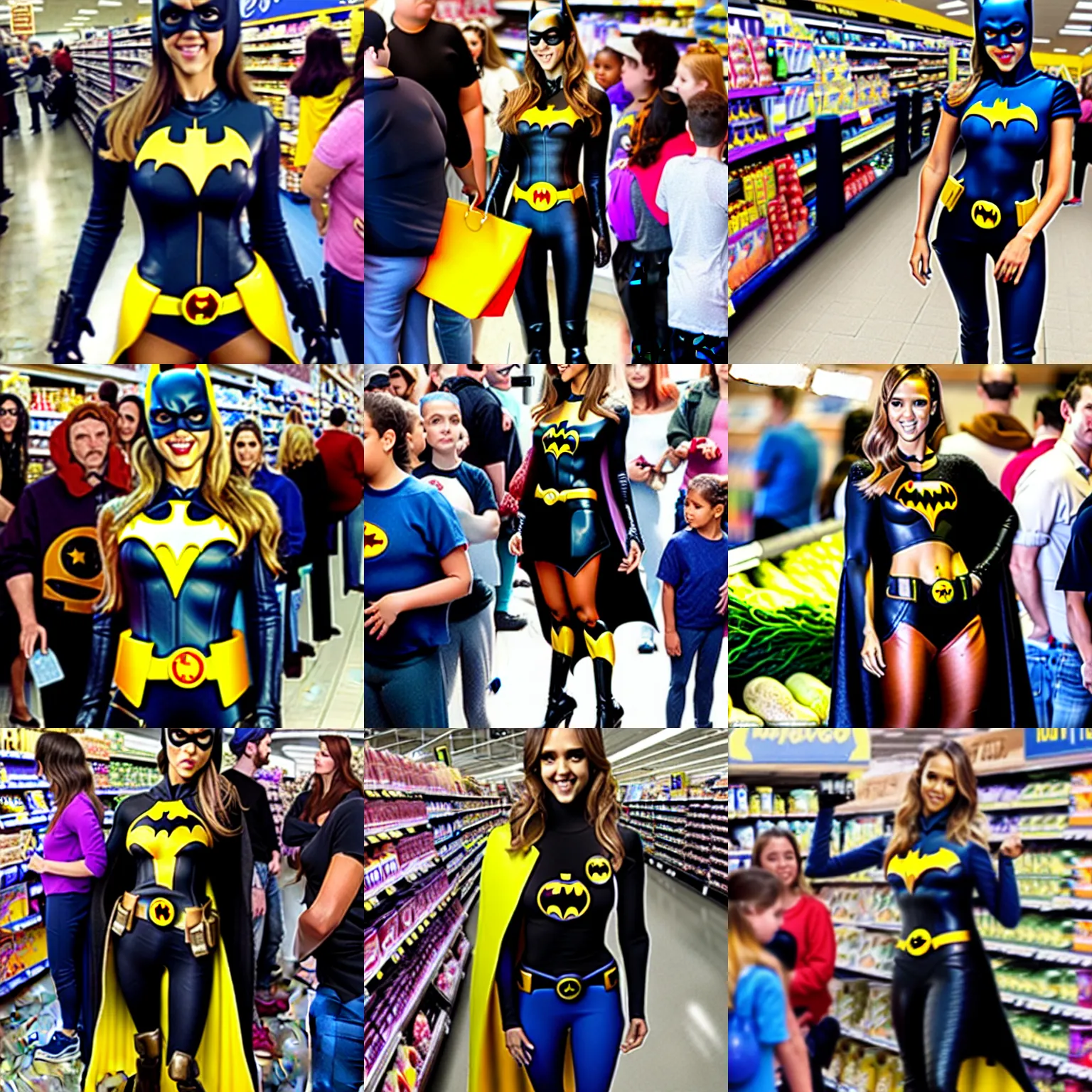 Prompt: jessica alba as batgirl standing in line at a crowded grocery store