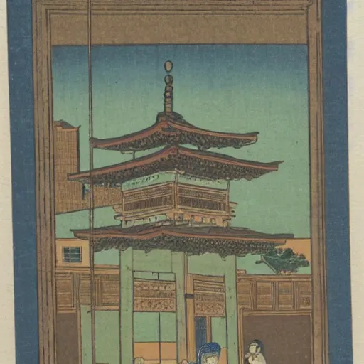 Prompt: late meiji period, colored woodblock print, mosque, minarets