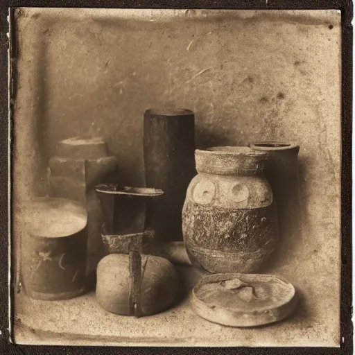 Image similar to Tintype photograph of primitive objects displayed in an ethnographic museum, archive material, anthropology, 1920s studio lighting.