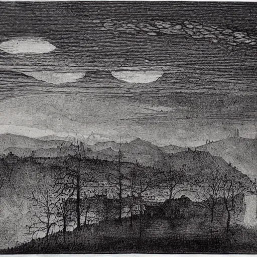 Image similar to foggy night sky, black and white, high detail, engraving, engraved, albrecht durer