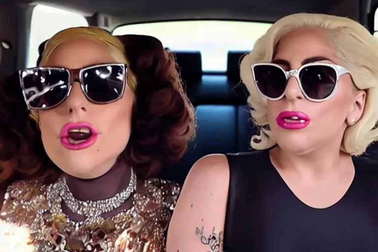 Prompt: lady gaga and judy in garland carpool karaoke, highly realistic, highly detailed, high resolution, 8 k 4 k,