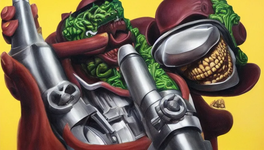 Image similar to beautiful lifelike painting of mf doom armed to the teeth with herring, hyperreal detailed facial features and uv lighting, art by ed roth and basil wolverton