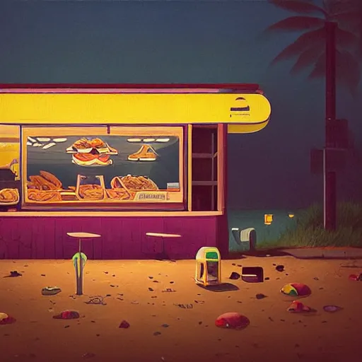 Prompt: fast food counter by the beach by simon stalenhag