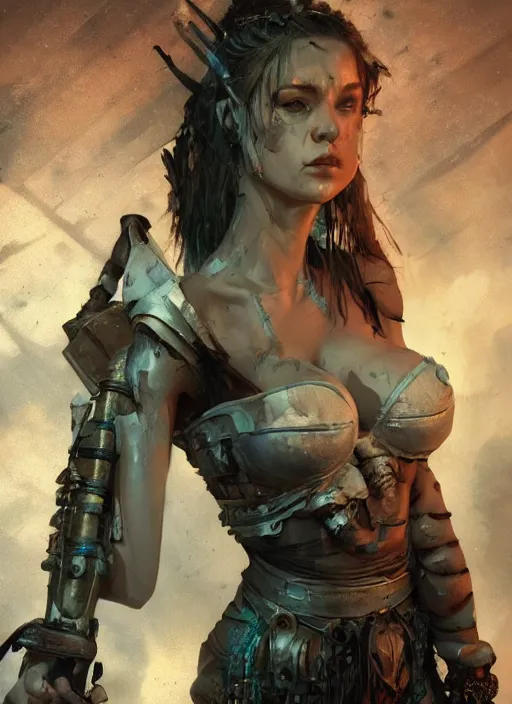 Image similar to hyper realistic photography portrait of postapocalyptic cyberpunk pagan medieval tribal festival warrior curvy partygirl valkyr face cinematic, vallejo, craig mullins greg rutkowski, artstation, cgsociety