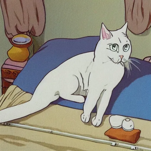 Image similar to a white ragdoll cat lies on the bed in the girl's bedroom, warm atmosphere, by studio ghibli