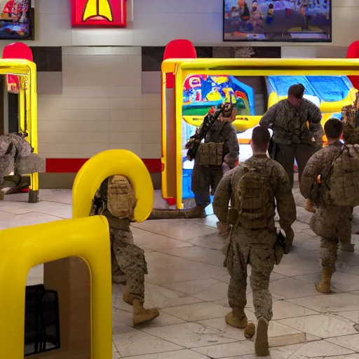 Image similar to fire team of marines raiding a mcdonald's playplace