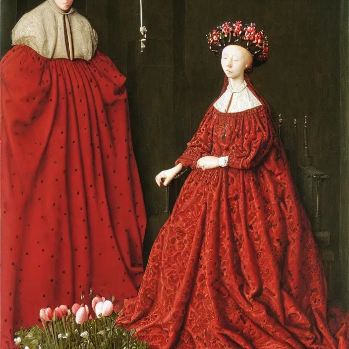 Image similar to a woman in a red dress, sitting on a throne of flowers, by Jan van Eyck