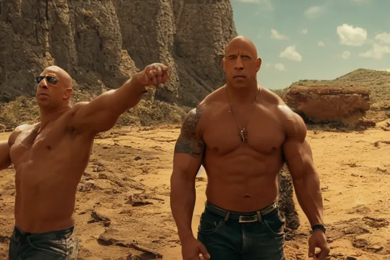 Image similar to vin diesel as dwayne johnson flexing and yelling let's go!, fast furious, low isometric perspective, cinematic still, movie still, long lens, shallow depth of field, bokeh, anamorphic lens flare, 8 k, hyper detailed, 3 5 mm film grain