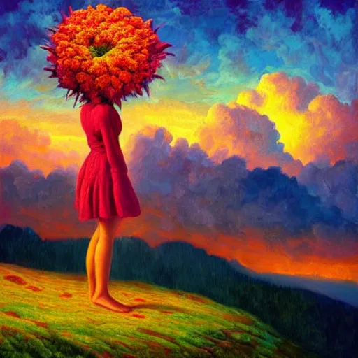 Prompt: giant flower head, frontal, woman standing on mountain, surreal photography, sunrise, colorful clouds, impressionist painting, digital painting, artstation, rob gonsalves