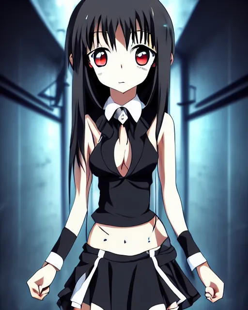 Image similar to female anime girl, black dress, rooftop party, symmetrical faces and eyes symmetrical body, middle shot waist up, airplane hanger background, Madhouse anime studios, Black Lagoon, Wit studio anime, romantic lighting, 2D animation