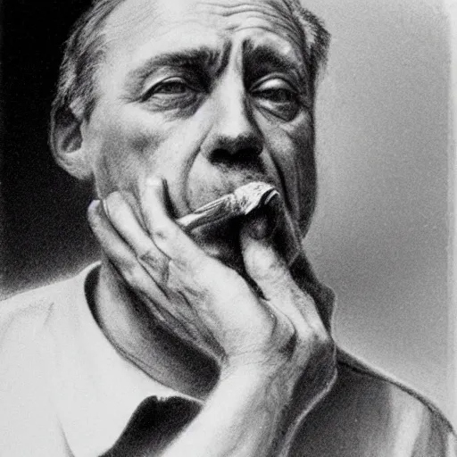 Image similar to middle aged man with hands tied behind back smoking a cigarette in his mouth, black chalk on white background