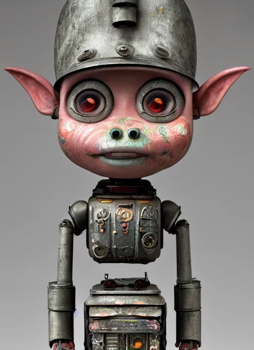 Prompt: closeup portrait of tin toy robot goblin trap, depth of field, zeiss lens, detailed, symmetrical, centered, fashion photoshoot, by nicoletta ceccoli, mark ryden, lostfish, breathtaking, 8 k resolution, extremely detailed, beautiful, establishing shot, artistic, hyperrealistic, octane render