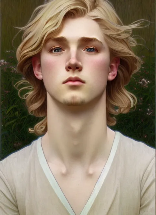 Image similar to pretty young man with shoulder length blond hair, male, half body shot, path traced, highly detailed, high quality, digital painting, by studio ghibli and alphonse mucha, leesha hannigan, hidari, art nouveau, chiho aoshima, jules bastien - lepage