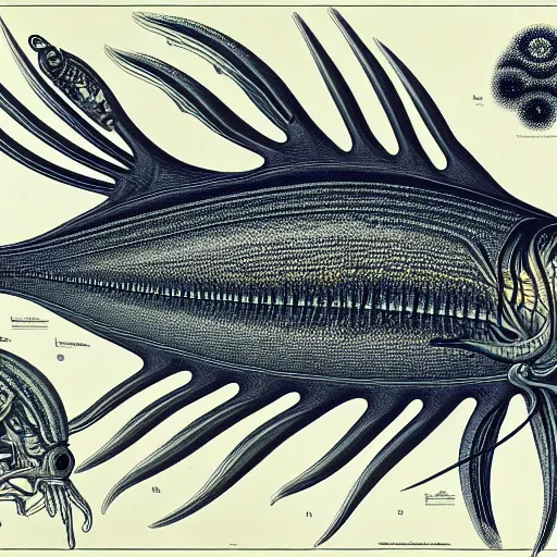 Image similar to alien fish anatomy by ernst haeckel, masterpiece, vivid, very detailed