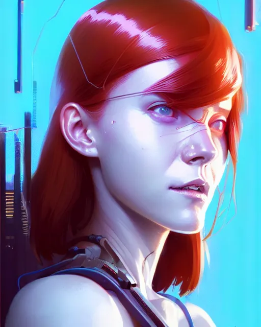 Image similar to cyberpunk synth, hyper - realistic detailed portrait of a smiling girl, red hair, by atey ghailan, by greg rutkowski, by greg tocchini, by james gilleard, by joe fenton, by kaethe butcher, 8 k, very intricate, dynamic lighting, gradient light blue, brown, blonde cream and white color scheme, sharp focus, grunge aesthetic