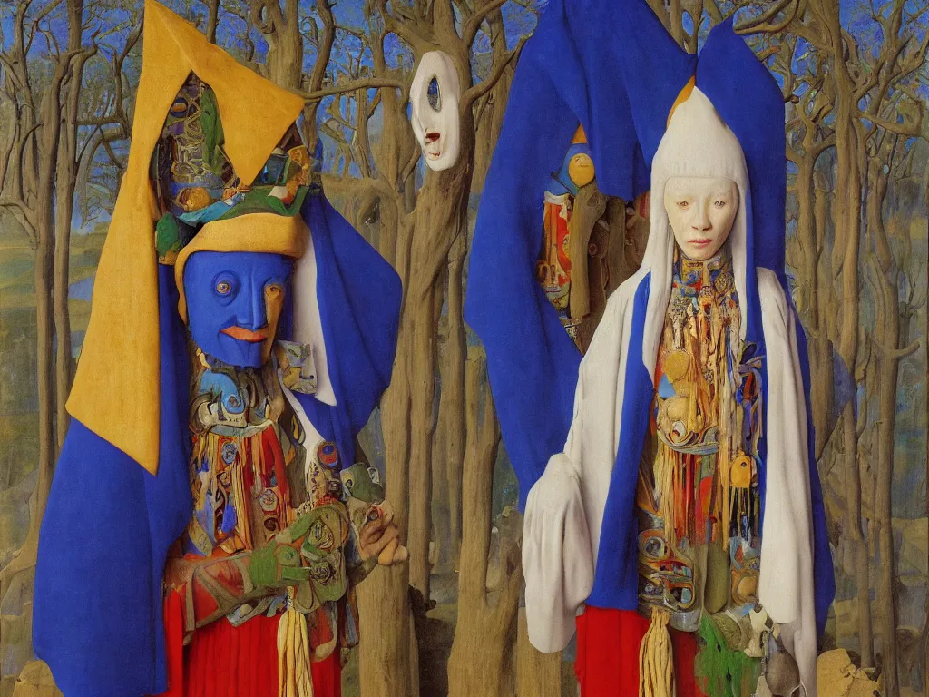 Image similar to Portrait of albino mystic with blue eyes, with totemic archaic mask made from lapis lazuli. Painting by Jan van Eyck, Audubon, Rene Magritte, Agnes Pelton, Max Ernst, Walton Ford