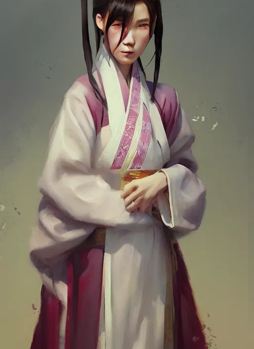 Image similar to oil painting girl wearing hanfu, herb rose, by greg rutkowski, artstation