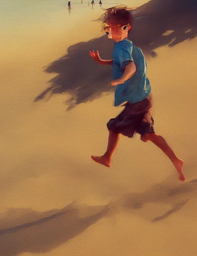 Prompt: kid running on a beach, motion photo, golden hour, bleach bypass, warm tones, beige colors, sunlight, digital 2 d, polaroid, high - key lighting, by lisa yuskavage, by serov valentin, by krenz cushart