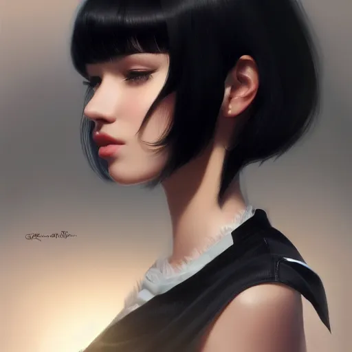 Prompt: portrait of beautiful young woman with black-hair and bangs, highly detailed, digital painting, artstation, concept art, sharp focus, illustration, art by ilya kuvshinov, krenz cushart, Greg Rutkowski