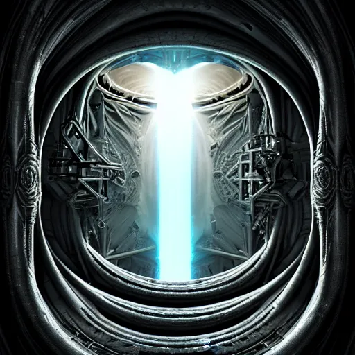 Image similar to majestic portal to another dimension, with turbulent image of different time space reality, divine lighting, ethereal, sci fi, high detail, intricate, giger, photo realistic, 8 k