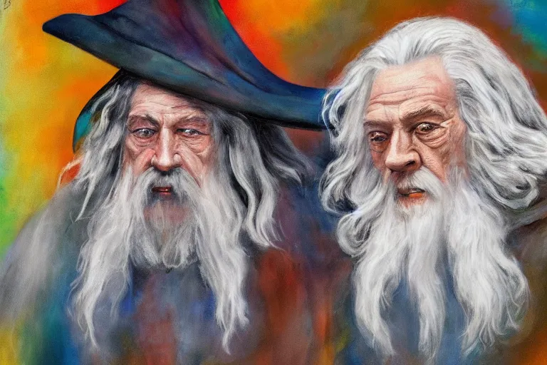 Image similar to gandalf and frodo painted in the style of francis bacon, expressionist, 4 k, realistic