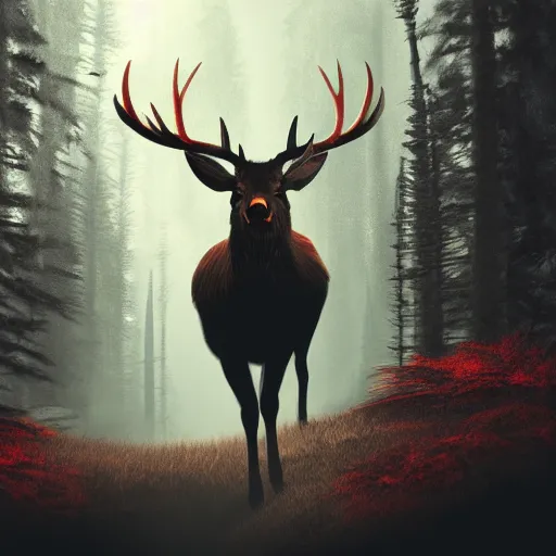 Prompt: An elk looking at the camera with red eyes in a dark misty forest, artstation, cinematic, detailed