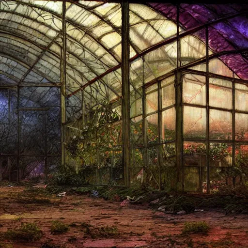 Image similar to concept art of an abandoned greenhouse at night with subtle psychedelic alterations by john howe and henry ossawa tanner, trending on artstation, hyperrealism, highly detailed, art gallery, museum piece