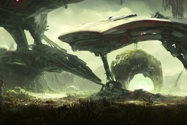 Image similar to concept art of a crashed alien spaceship on a strange alien planet with tall vegetation, artstation, 4k