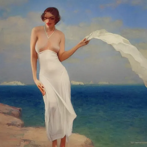 Image similar to a beautiful woman in an elegant see-thru white dress, wearing a black bikini underneath, 1920s, by Ilya Repin and artgerm, artstation, photorealistic, 8k octane render