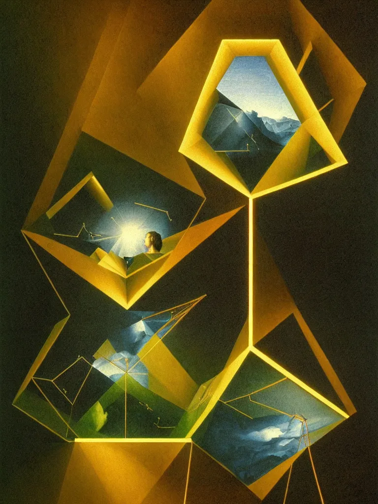 Image similar to hyperrealistic still life portrait of a mind exploding in a forest, beautiful plans, sacred geometry, light refracting through prisms in a tesseract, by caravaggio, botanical print, surrealism, vivid colors, serene, golden ratio, rule of thirds, negative space, minimalist composition, in the style of james turrell