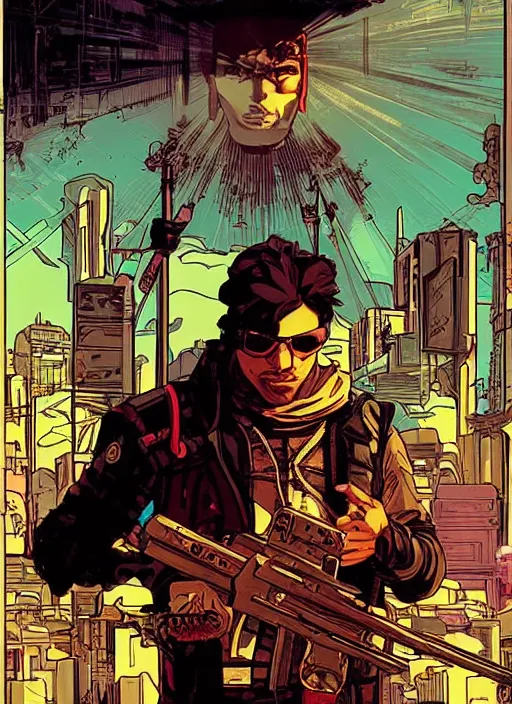 Image similar to hector. cyberpunk mercenary with scenic background. portrait illustration, pop art, art by ashley wood, alphonse mucha, laurie greasley and josan gonzales. cinematic. beautiful lighting.