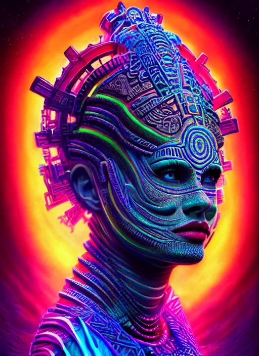 Prompt: hyper detailed ultra sharp 3 d render like a photograph aztec serpent warrior princess, fractal plane, deep voyage, parallel existence, earthwave, colorful, neon, ornate, intricate, digital painting, concept art, smooth, sharp focus, illustration, art by artgerm and greg rutkowski and h. r. giger, 8 k