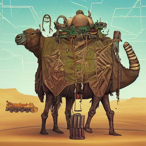 Image similar to several stoner merchants in robes with integrated bong gas mask appliances, trucking bales of herbs across an alien desert with camel-like creatures in tow. Album art by Arik Roper