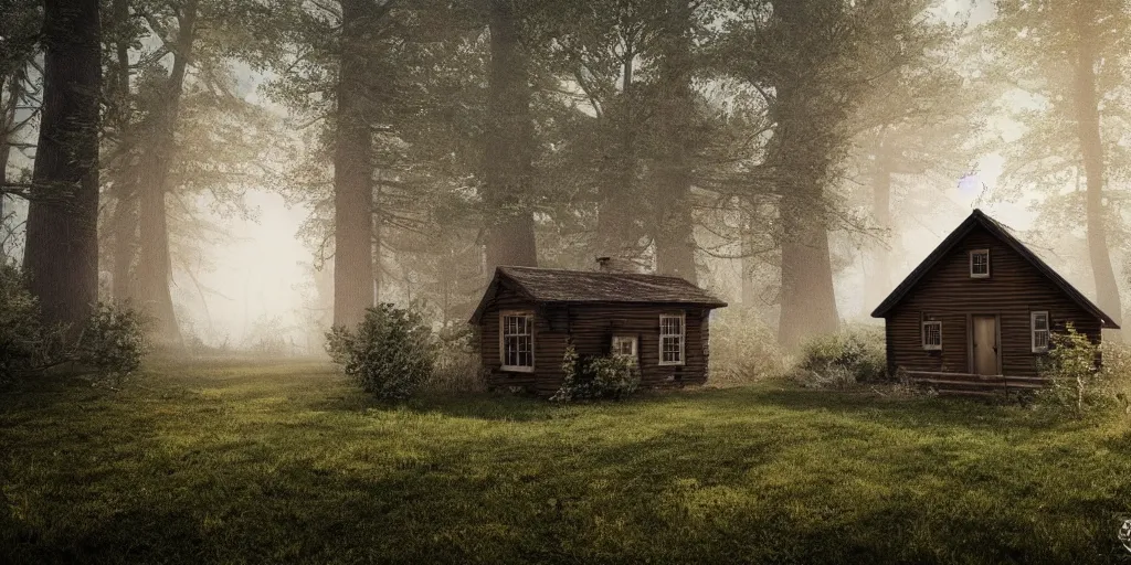 Image similar to a cottage in the woods and empty woods, 8k, fantasy, hyper realistic, dramatic lighting, cinematic