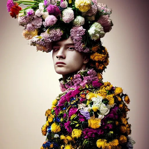 Prompt: a portrait of a beautiful young male wearing an alexander mcqueen armor made of flowers , photographed by andrew thomas huang, artistic