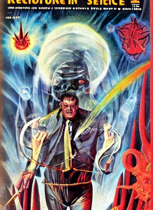 Image similar to Christopher Lloyd as Satan in retro science fiction cover by Kelly Freas (1965)