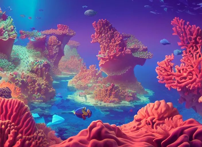 Image similar to a luminescent coral reef by paolo eleuteri serpieri and tomer hanuka and chesley bonestell and daniel merriam and tomokazu matsuyama and killian eng, unreal engine, high resolution render, featured on artstation, octane, 8 k, highly intricate details, vivid colors, vector illustration, rainbow colors