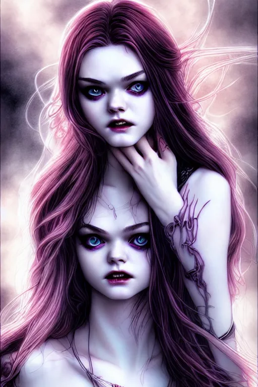 Image similar to lustful teenage vampire who looks like elle fanning, fantasy graphic novel style, by artgerm and luis royo and jenny frison, intricate, vivid colors, very fine inking lines, extremely detailed, 4k, hd