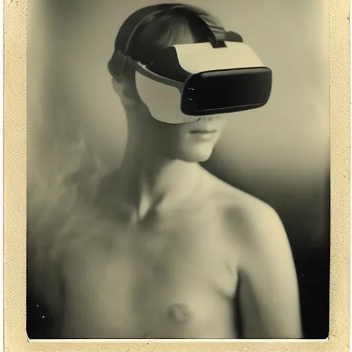 Image similar to an ancient demon-girl using a VR headset, mist , 1910 Polaroid photo, Black and white